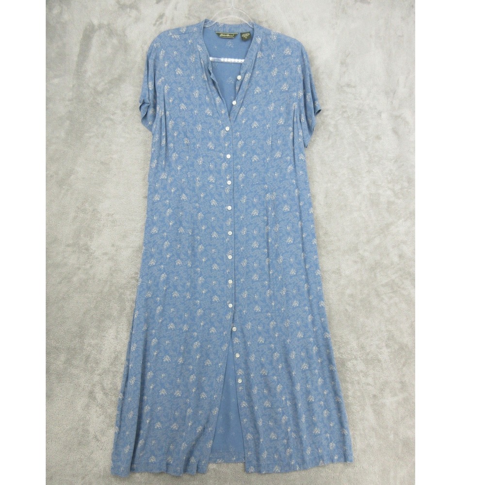 Vintage Eddie Bauer Dress Womens Size XL Petite Floral Button Front Modest Blue